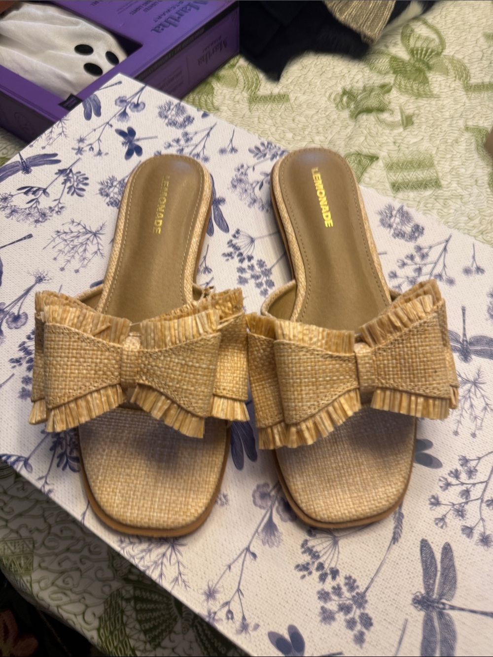Lemonade Natural Raffia Bow Slide Mules